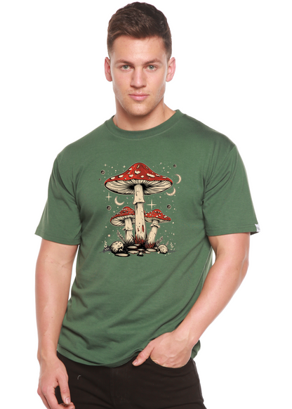 Men's printed Boho Retro Hippie Mushrooms T-shirt by Spun Bamboo featuring natural bamboo and cotton fabric with colorful mushroom graphic.