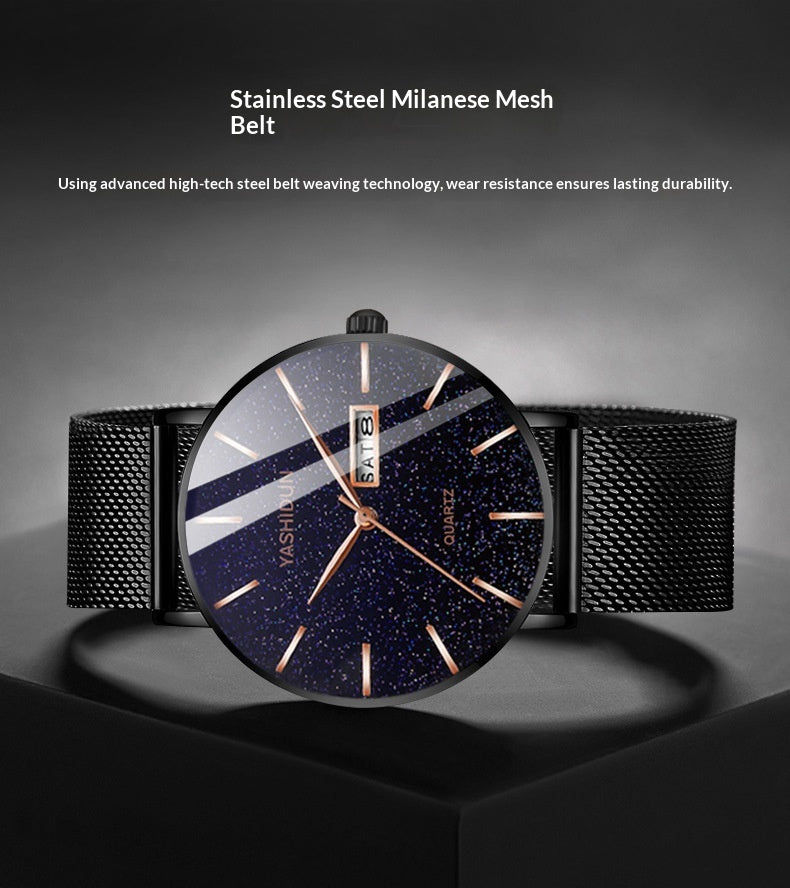Men's waterproof dual-date starry sky watch with dark dial and luminous hands