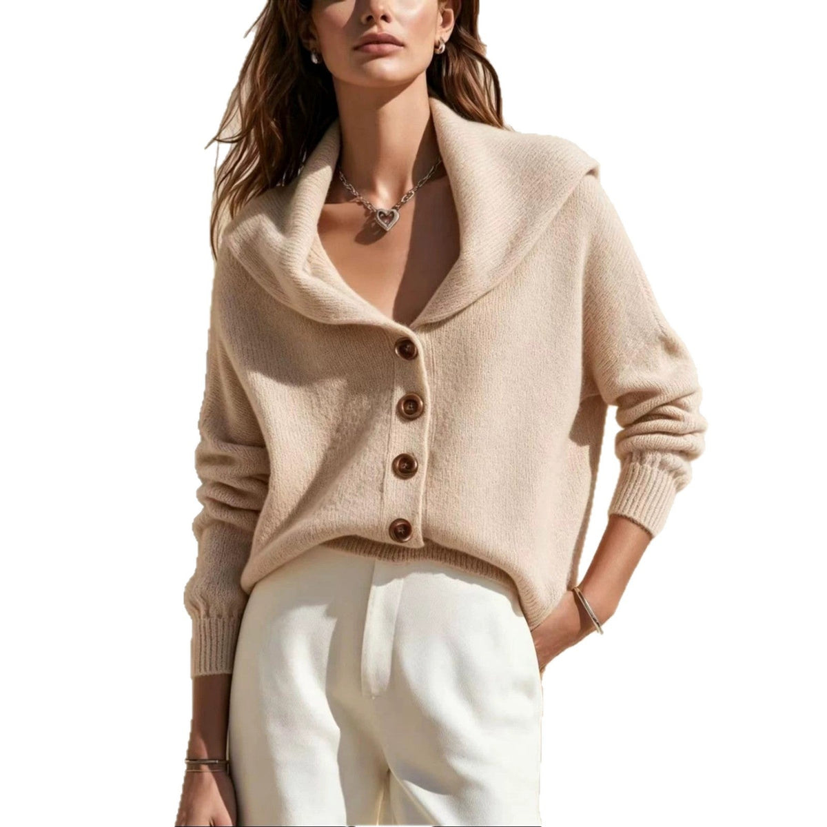 Women's shawl-collar button-front knitted cardigan sweater in a soft, textured design