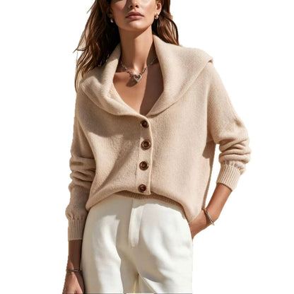Women's shawl-collar button-front knitted cardigan sweater in a soft, textured design