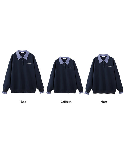 Retro parent-child plaid patchwork shirt-collar hoodie faux two-piece pullover top