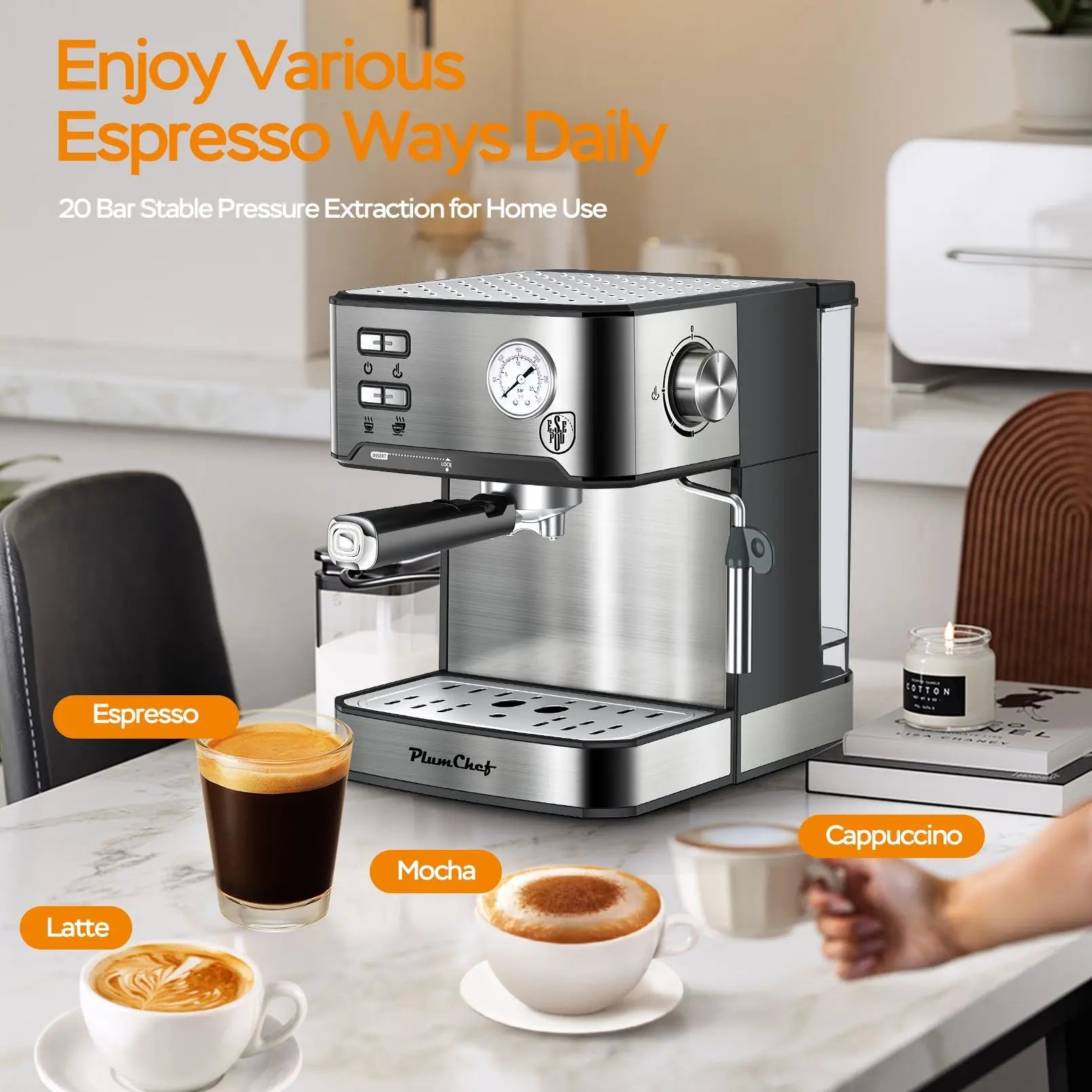 20Bar Household Espresso Machine Semi Auto Coffee Maker with Milk Frother Steam Wand Pressure Gauge 54oz Water Tank Coffee Maker - BACKUPMYFILESNOW