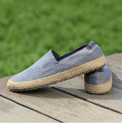 Men's Chinese Style Summer Fisherman Slip-Ons by BACKUPMYFILESNOW®, beige fabric shoes with slip-on design and woven detail.