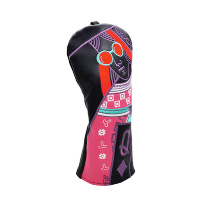 Golf club cover shown in detail with a protective design and visible stitching
