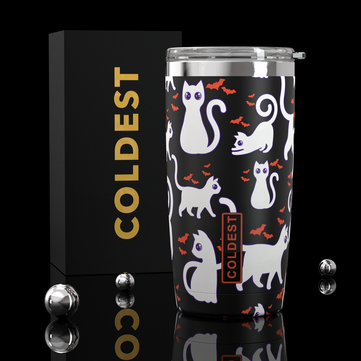 Coldest 20 oz Tumbler v2 hydration bottle with bats and cats design, made of stainless steel for cold drinks.