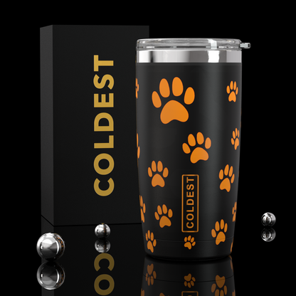 Coldest 20 oz Tumbler v2 hydration bottle with pumpkin paw design, stainless steel body, and leak-proof lid for hot and cold drinks