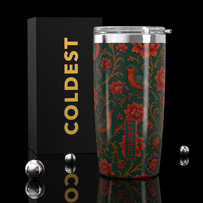 Coldest 20 oz Tumbler v2 hydration bottle with a colorful Baby Birds design, stainless steel body, and spill-proof lid.