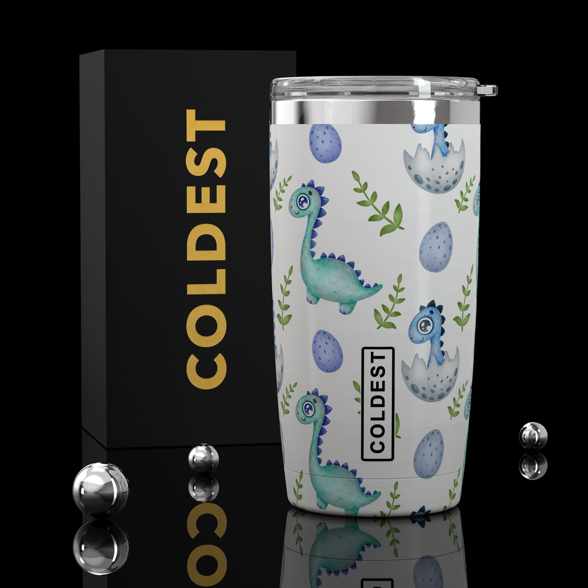 Coldest 20 oz Tumbler v2 hydration bottle with baby dinosaur design, stainless steel, double-wall insulation, and leak-proof lid.