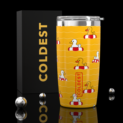 Coldest 20 oz Tumbler v2 in baby duckies design, durable hydration bottle with lid, ideal for keeping drinks at desired temperature