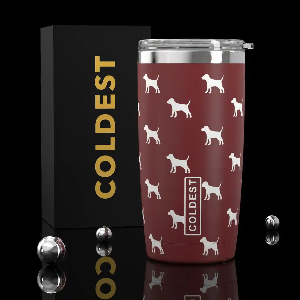 Coldest 20 oz Tumbler v2 hydration bottle with a baby puppy design, stainless steel exterior, and spill-proof lid.