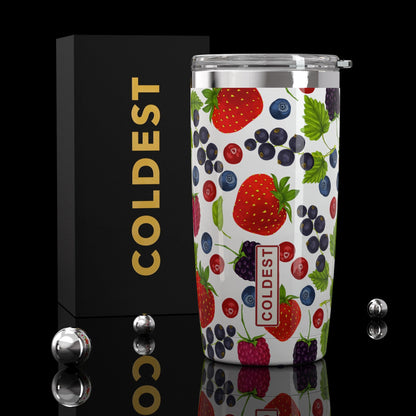 Coldest 20 oz Berry Bae tumbler for hydration, featuring a vibrant pink and purple design with a clear lid and stainless steel body.