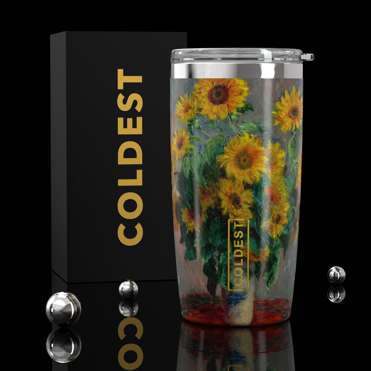 Coldest 20 oz Tumbler v2 hydration bottle with sunflower bouquet design, stainless steel body, and spill-proof lid.