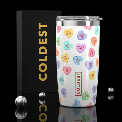 Coldest 20 oz Tumbler v2 in Candy Hearts design, a stainless steel hydration bottle with a colorful pattern and spill-proof lid.