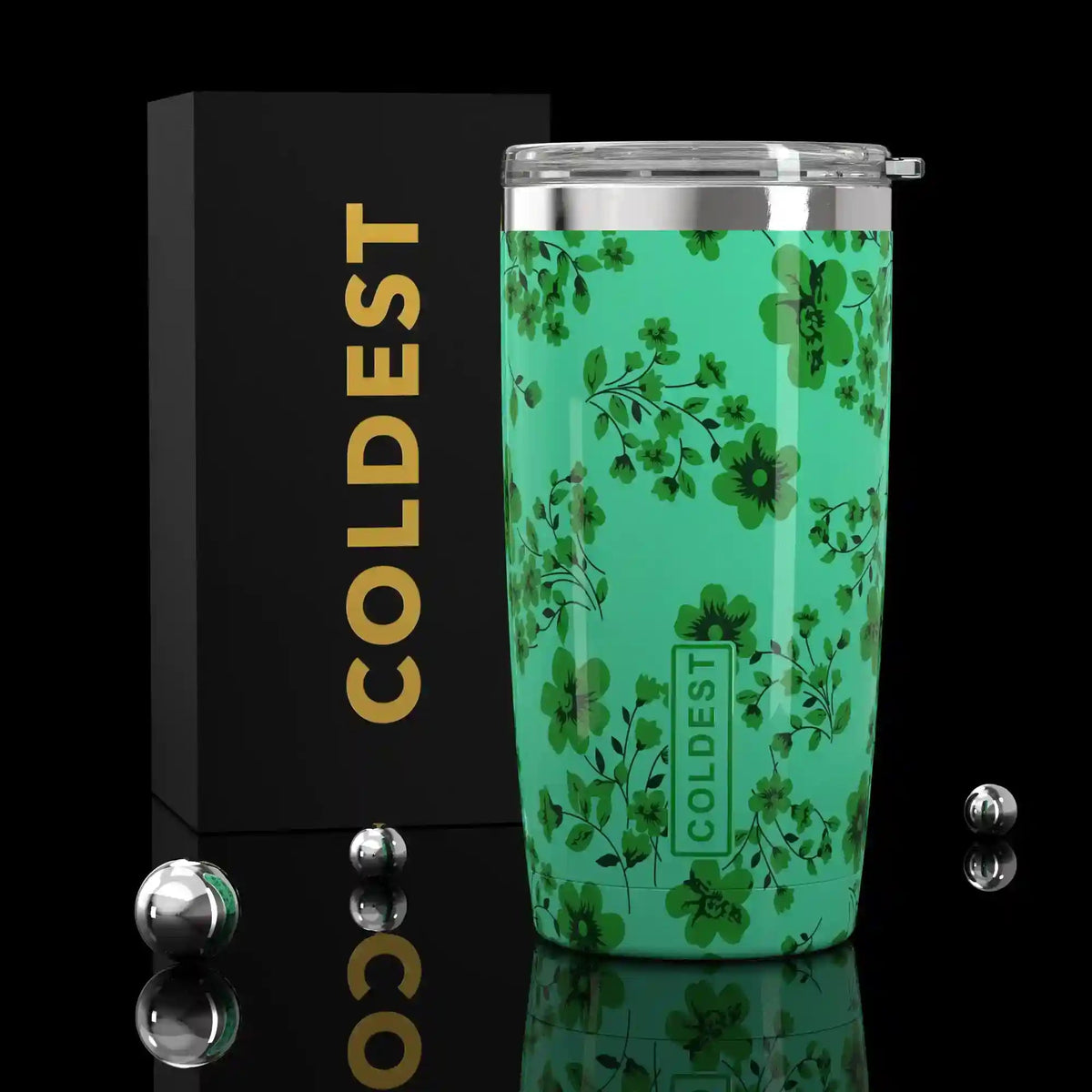 Coldest 20 oz Tumbler v2 hydration bottle with a colorful clover floral design, stainless steel body, and spill-proof lid.
