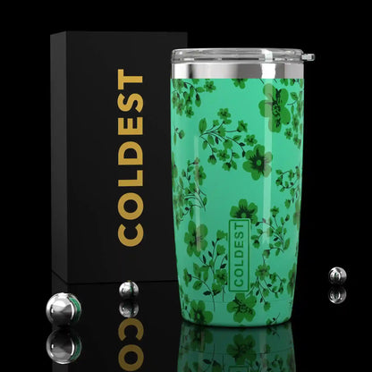 Coldest 20 oz Tumbler v2 hydration bottle with a colorful clover floral design, stainless steel body, and spill-proof lid.
