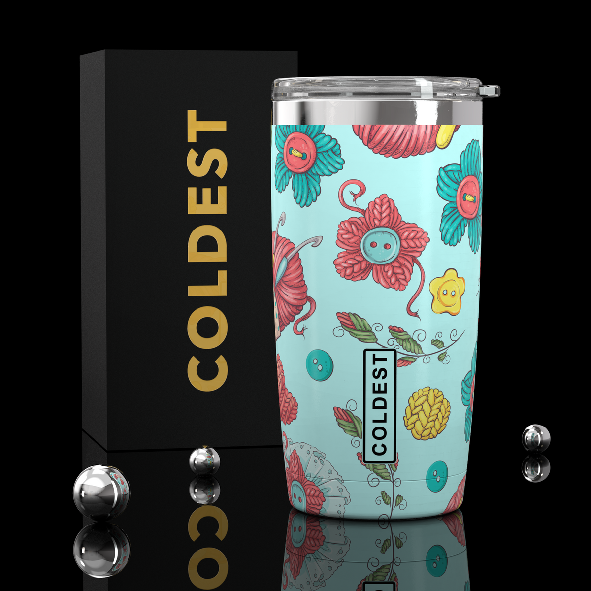 Coldest 20 oz Tumbler v2 hydration bottle with crochet pattern design, stainless steel body, and spill-proof lid.
