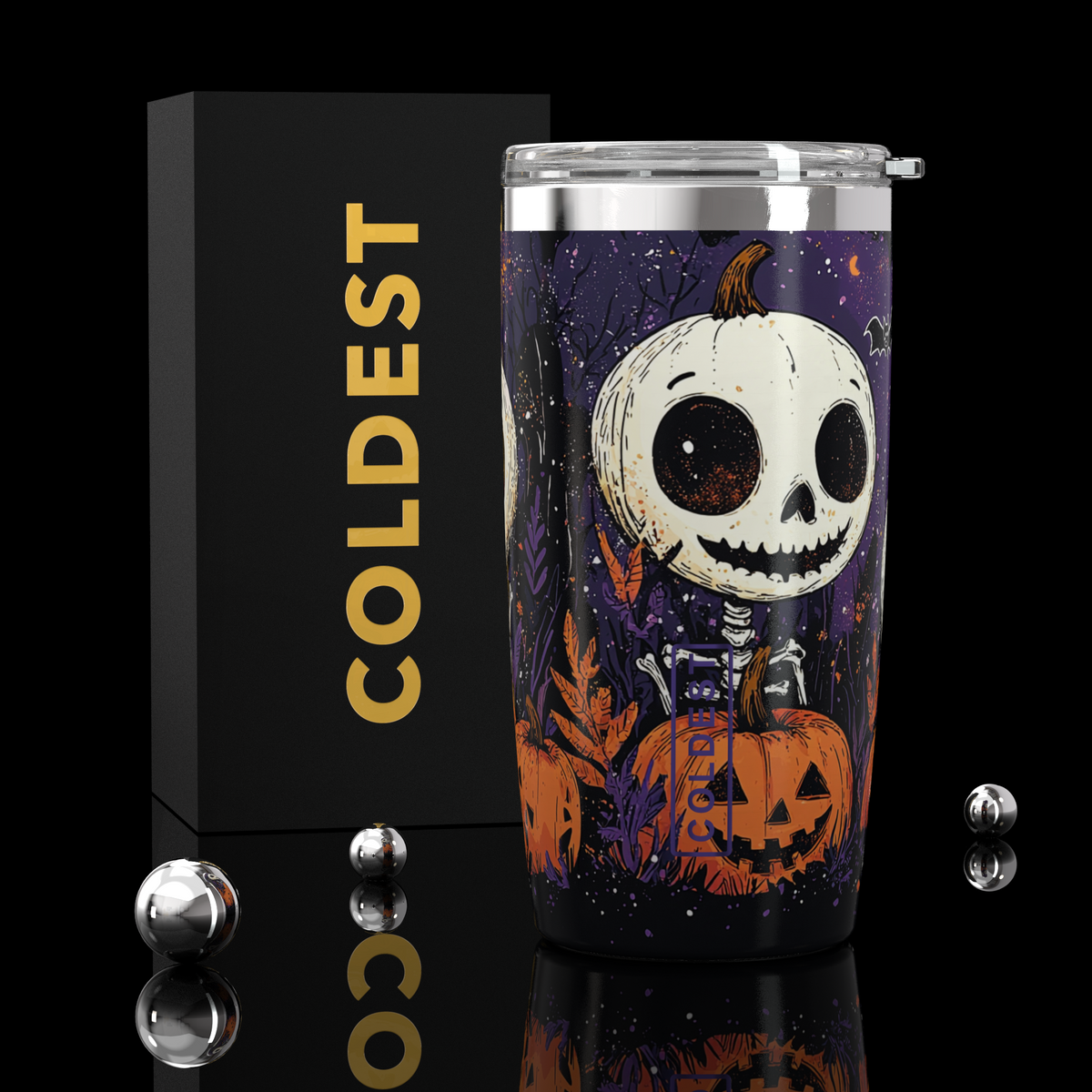Coldest 20 oz Tumbler v2 hydration bottle with pumpkin head design, stainless steel body, and leak-proof lid for cold drinks.