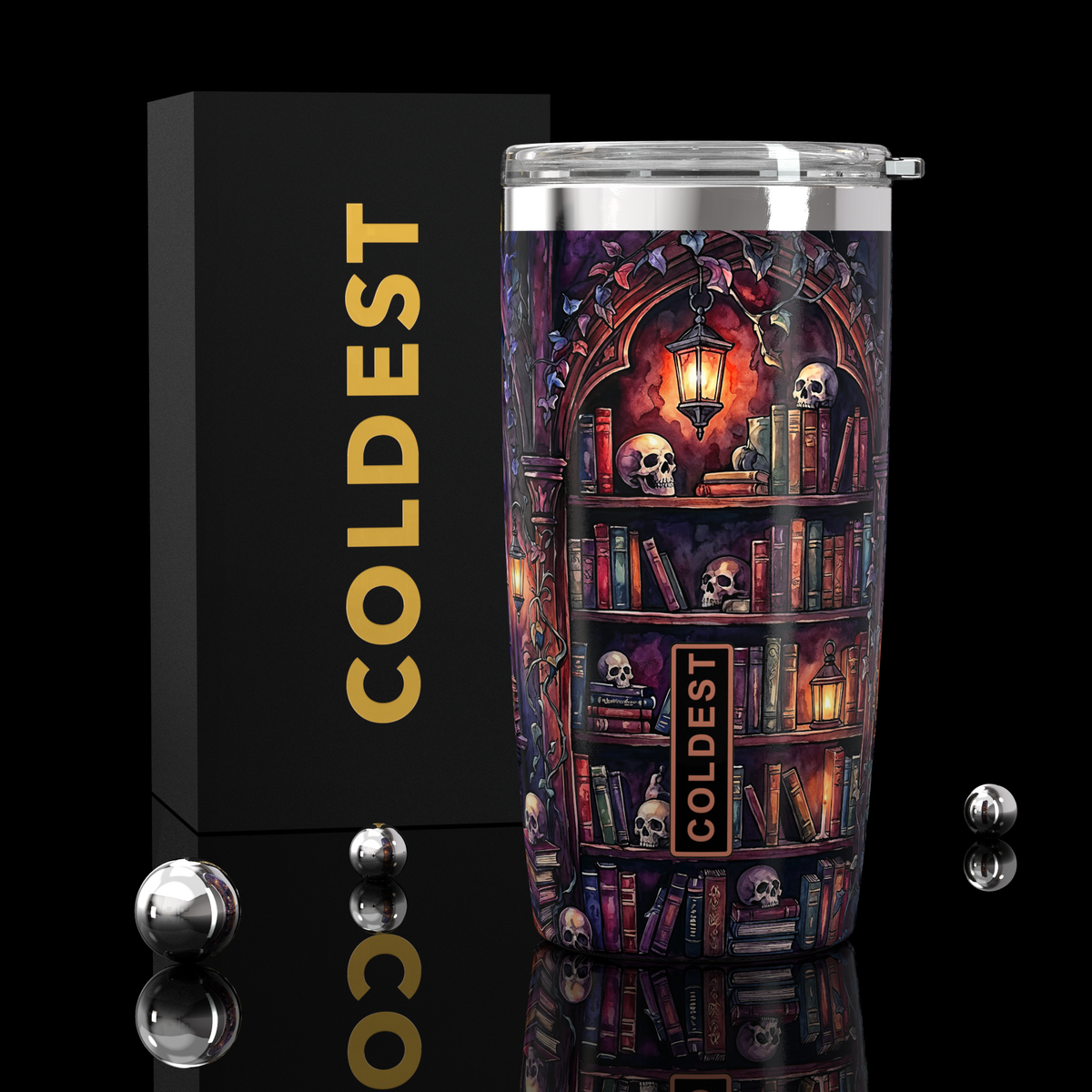 Coldest 20 oz Tumbler v2 hydration bottle with a colorful book-themed design, made of stainless steel for keeping drinks cold.