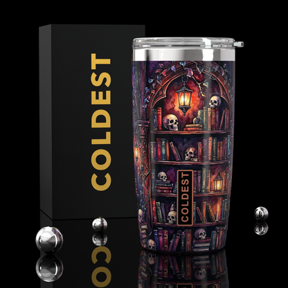 Coldest 20 oz Tumbler v2 hydration bottle with a colorful book-themed design, made of stainless steel for keeping drinks cold.