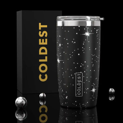 Coldest 20 oz Tumbler v2 hydration bottle with stainless steel body and black lid, designed for keeping drinks cold or hot.