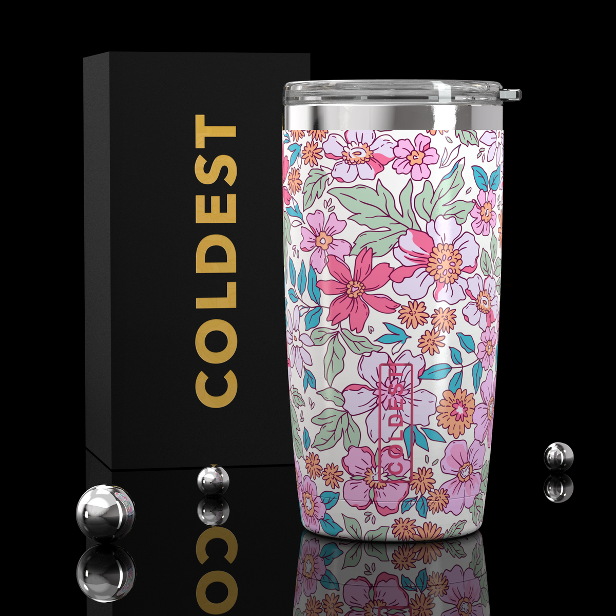 Coldest 20 oz Tumbler v2 hydration bottle with a floral pink and white flirt pattern, stainless steel body and lid.