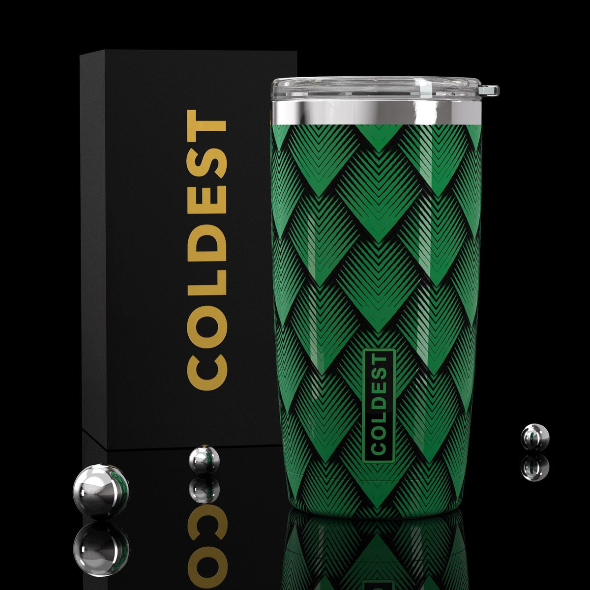 Coldest 20 oz Green Dragon hydration tumbler with stainless steel body and green lid, designed for keeping drinks cold or hot.