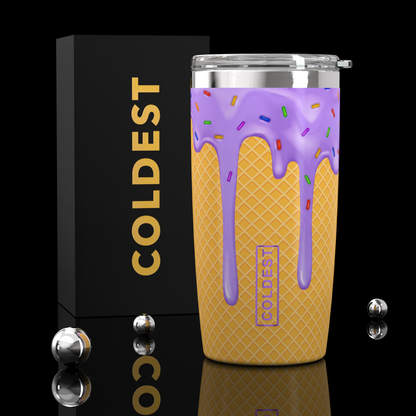 Coldest 20 oz Tumbler v2 hydration bottle with icy ice cream graphic, stainless steel body, and spill-proof lid.