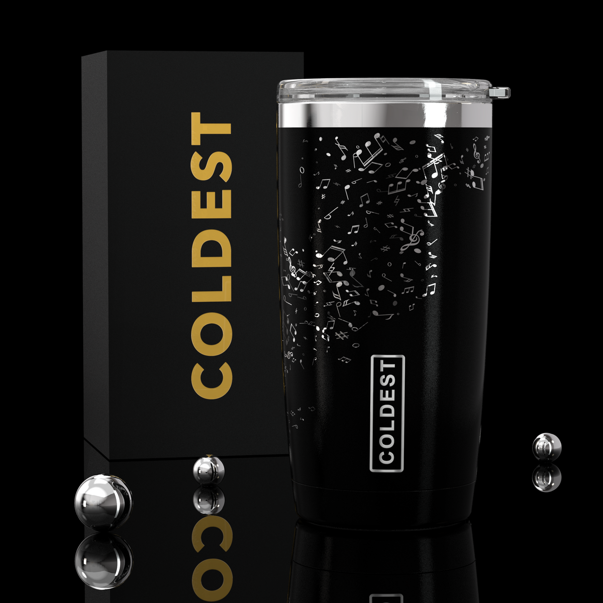 Coldest 20 oz Tumbler v2 hydration bottle with Love of Music design, stainless steel, double-wall insulation for hot and cold drinks.