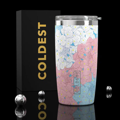 Coldest 20 oz Tumbler v2 hydration bottle with Magnolia Bloom design, stainless steel body, and spill-proof lid for hot and cold drinks.