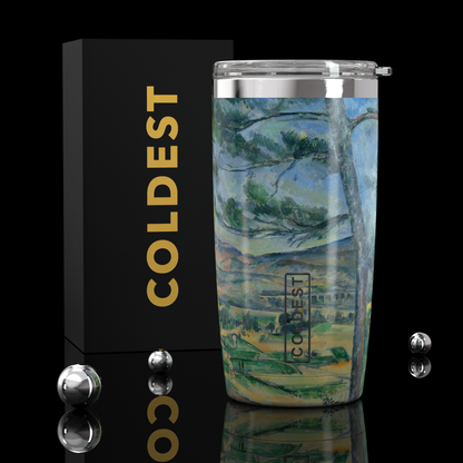 Coldest 20 oz Tumbler v2 hydration bottle with a mountain landscape design, stainless steel body, and spill-proof lid.