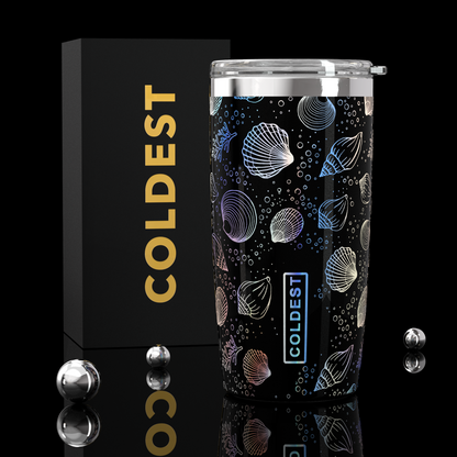 Coldest 20 oz Tumbler v2 for hydration, with a moonlight seashells design in soft blue and beige tones.