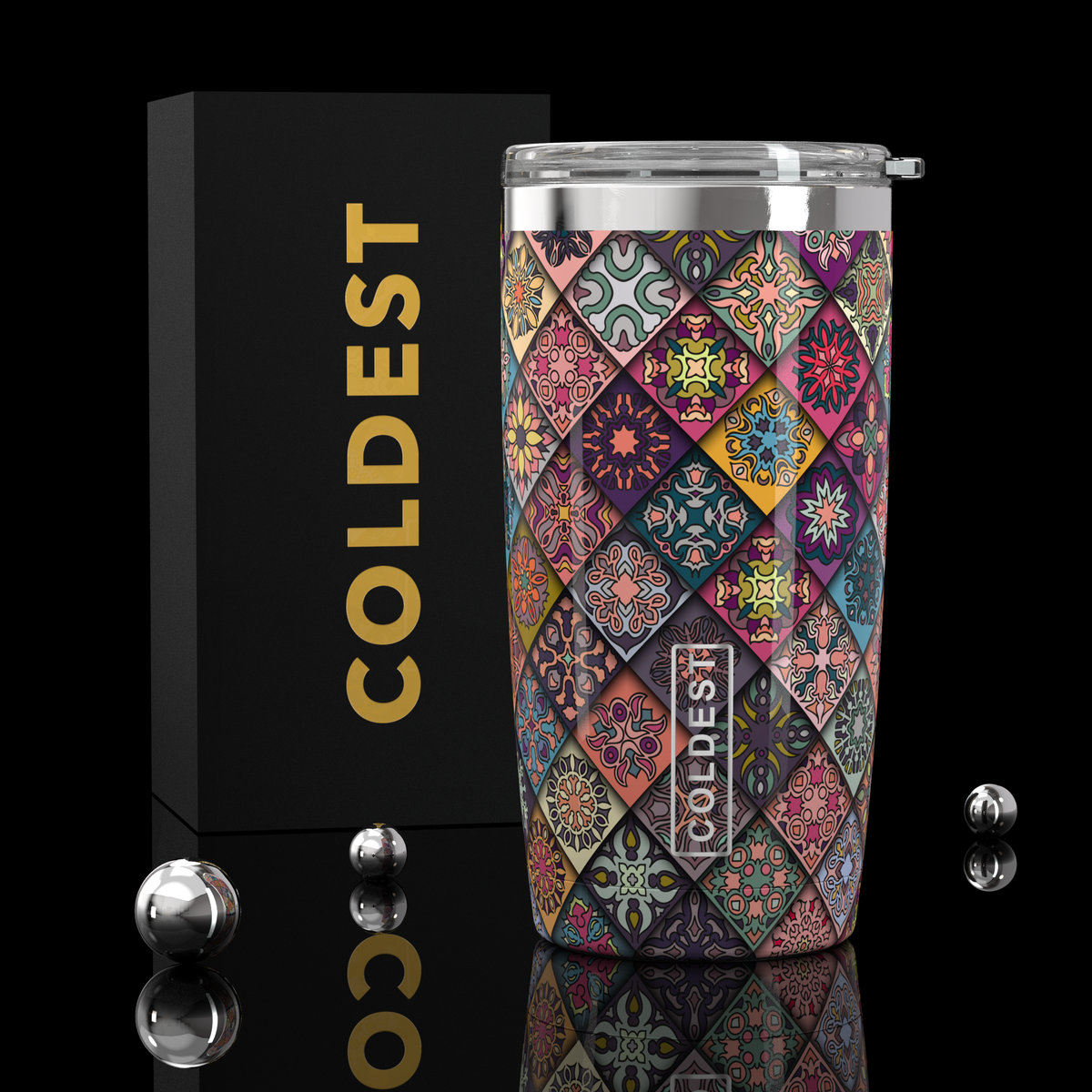 Coldest 20 oz Tumbler v2 hydration bottle with mosaic bloom design, stainless steel, double-wall insulation, and spill-proof lid.