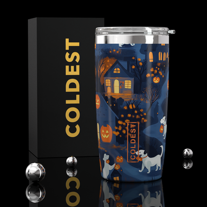Coldest 20 oz Tumbler v2 hydration bottle with paw print design, stainless steel body, and spill-proof lid for keeping beverages cold.