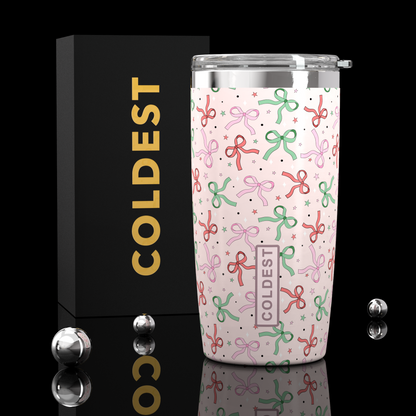 Pink Coldest 20 oz Tumbler v2 hydration bottle with bows, stainless steel interior, and spill-proof lid for hot and cold beverages.