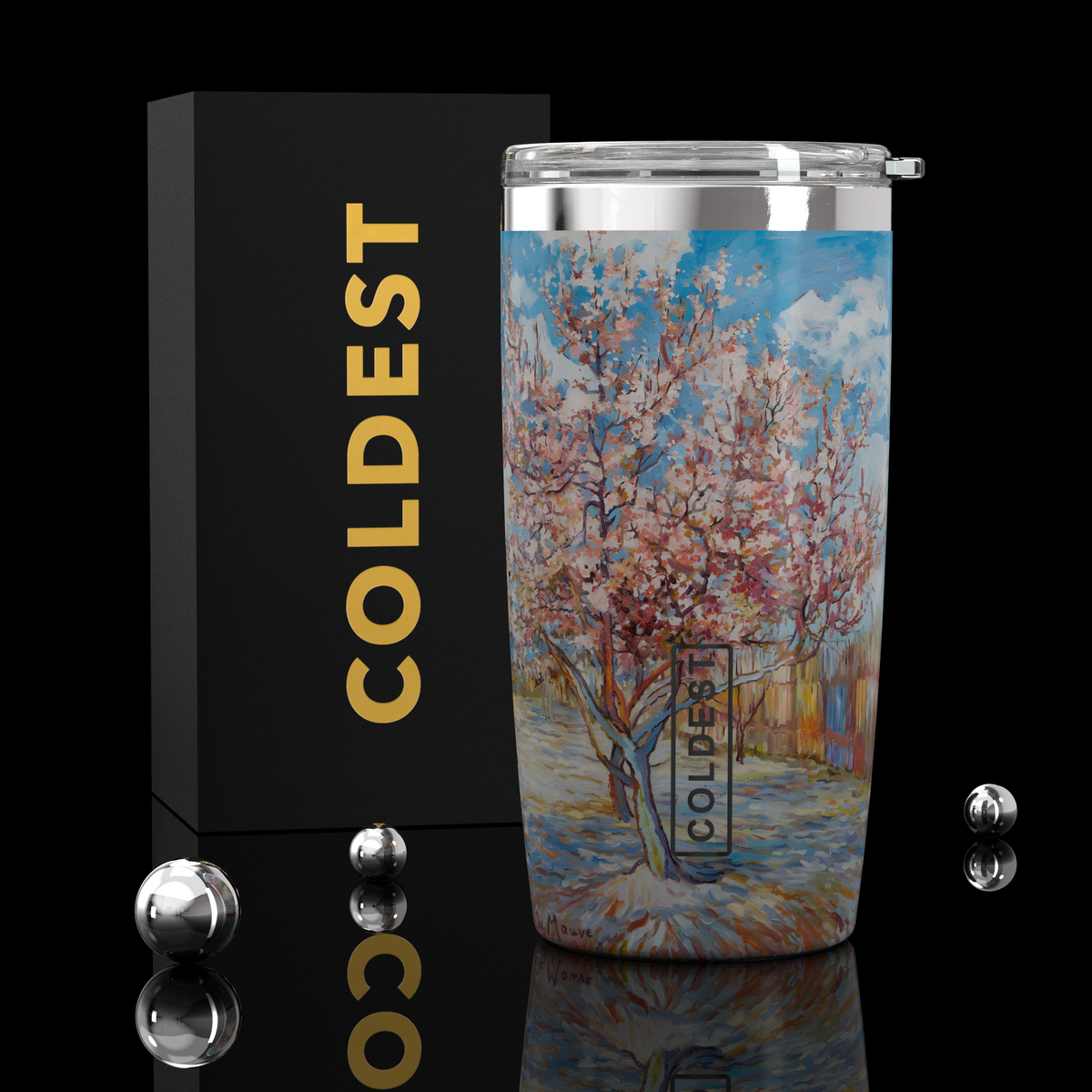 Coldest 20 oz Pink Peach Tree tumbler for hydration with a sleek design and durable stainless steel construction.