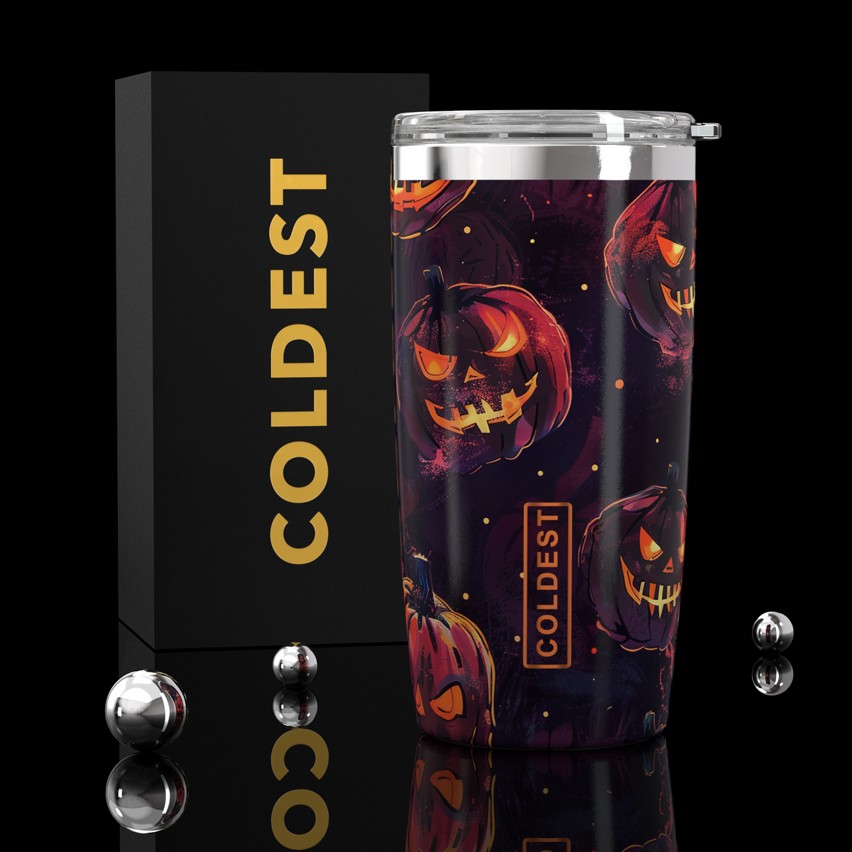 Coldest 20 oz Tumbler v2 hydration bottle with pumpkin patch design, stainless steel body, and spill-proof lid.