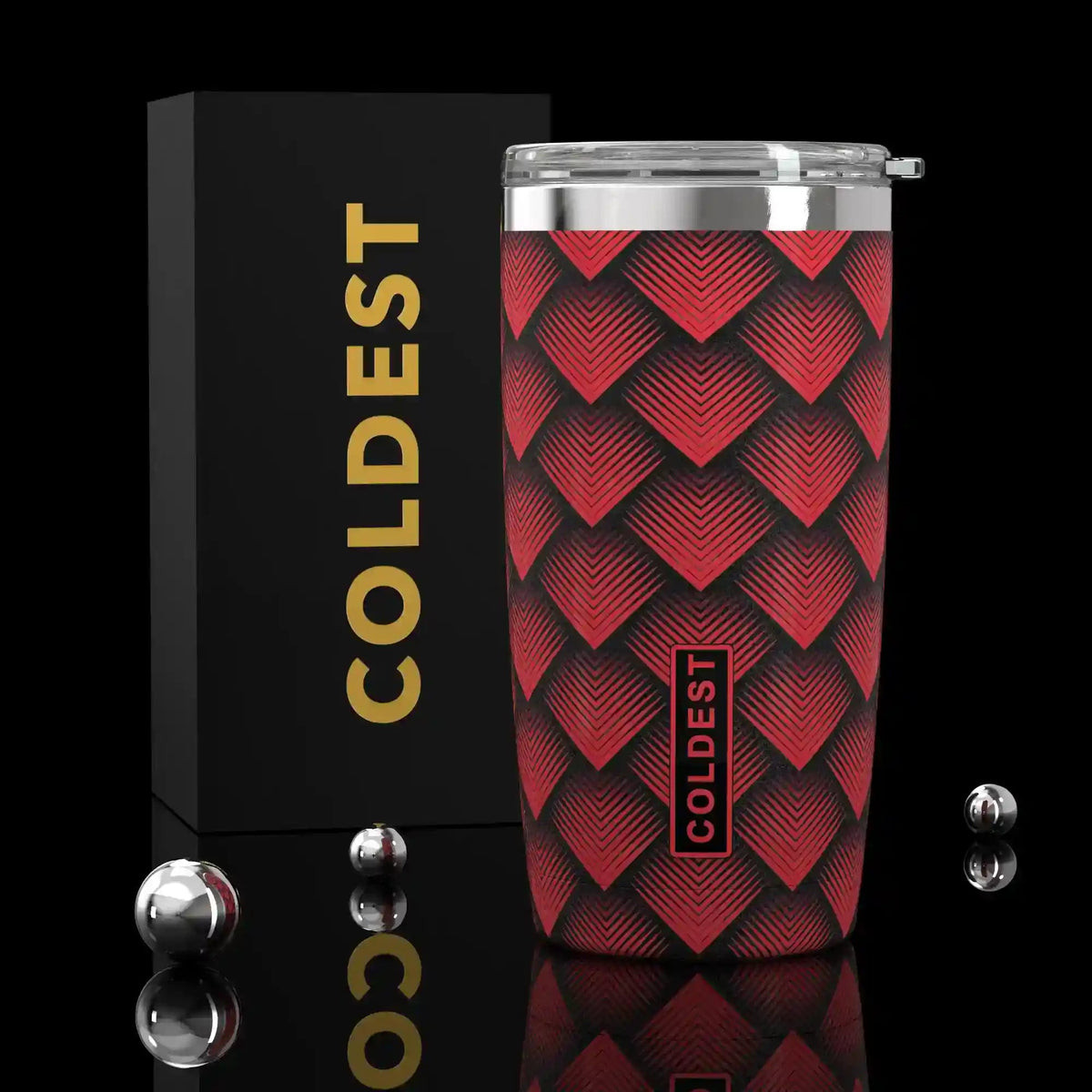 Coldest 20 oz Red Dragon hydration tumbler with lid, durable stainless steel, insulated for hot and cold drinks.