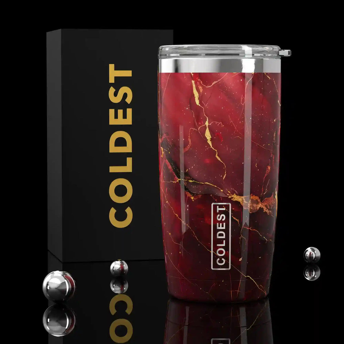 Coldest 20 oz red Luna hydration tumbler with a sleek design, stainless steel body, and spill-resistant lid.