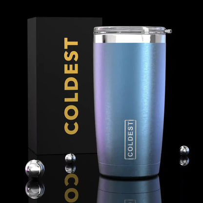 Coldest 20 oz Tumbler v2 hydration bottle with rocket ship design, stainless steel body, and spill-proof lid for hot and cold drinks.