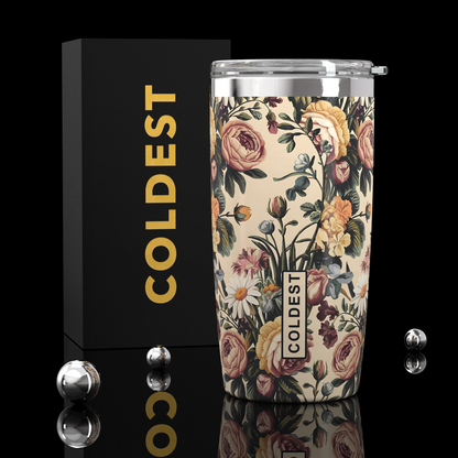 Coldest 20 oz Rose All Day insulated tumbler for hydration, featuring a pink design and spill-proof lid.