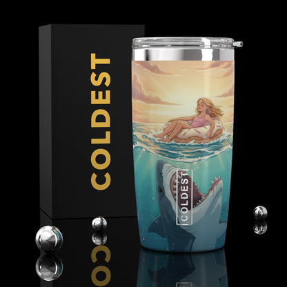 Coldest 20 oz Tumbler v2 hydration bottle with shark logo, stainless steel design, and spill-proof lid for hot and cold drinks.