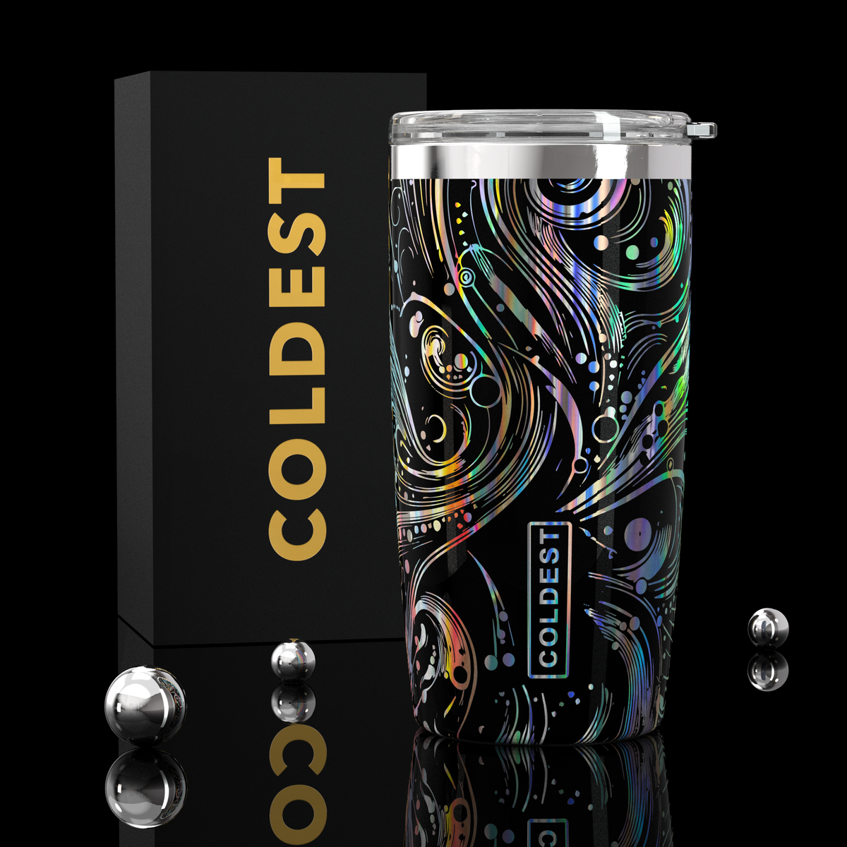 Coldest 20 oz Tumbler V2 hydration bottle with space exploration design, stainless steel body, and spill-resistant lid for cold beverages.