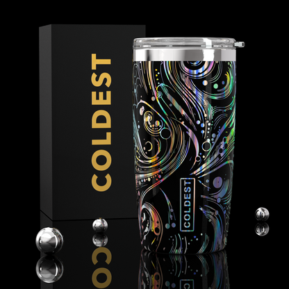 Coldest 20 oz Tumbler V2 hydration bottle with space exploration design, stainless steel body, and spill-resistant lid for cold beverages.