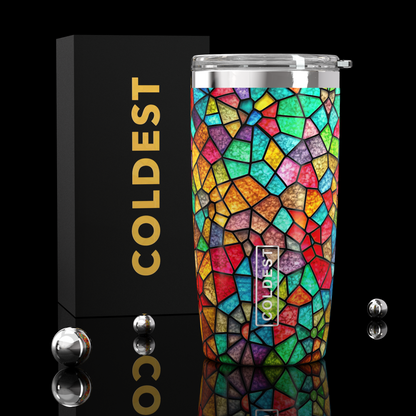 Coldest 20 oz Tumbler v2 for hydration with stained glass design, double-walled stainless steel, and leak-proof lid.