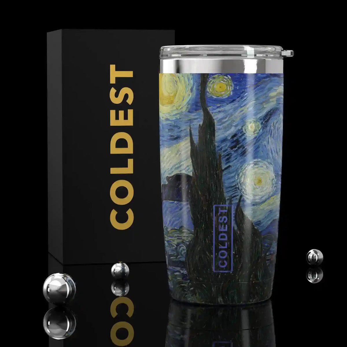 Coldest 20 oz Tumbler v2 in Starry Night design, large hydration bottle with stainless steel finish and spill-proof lid.
