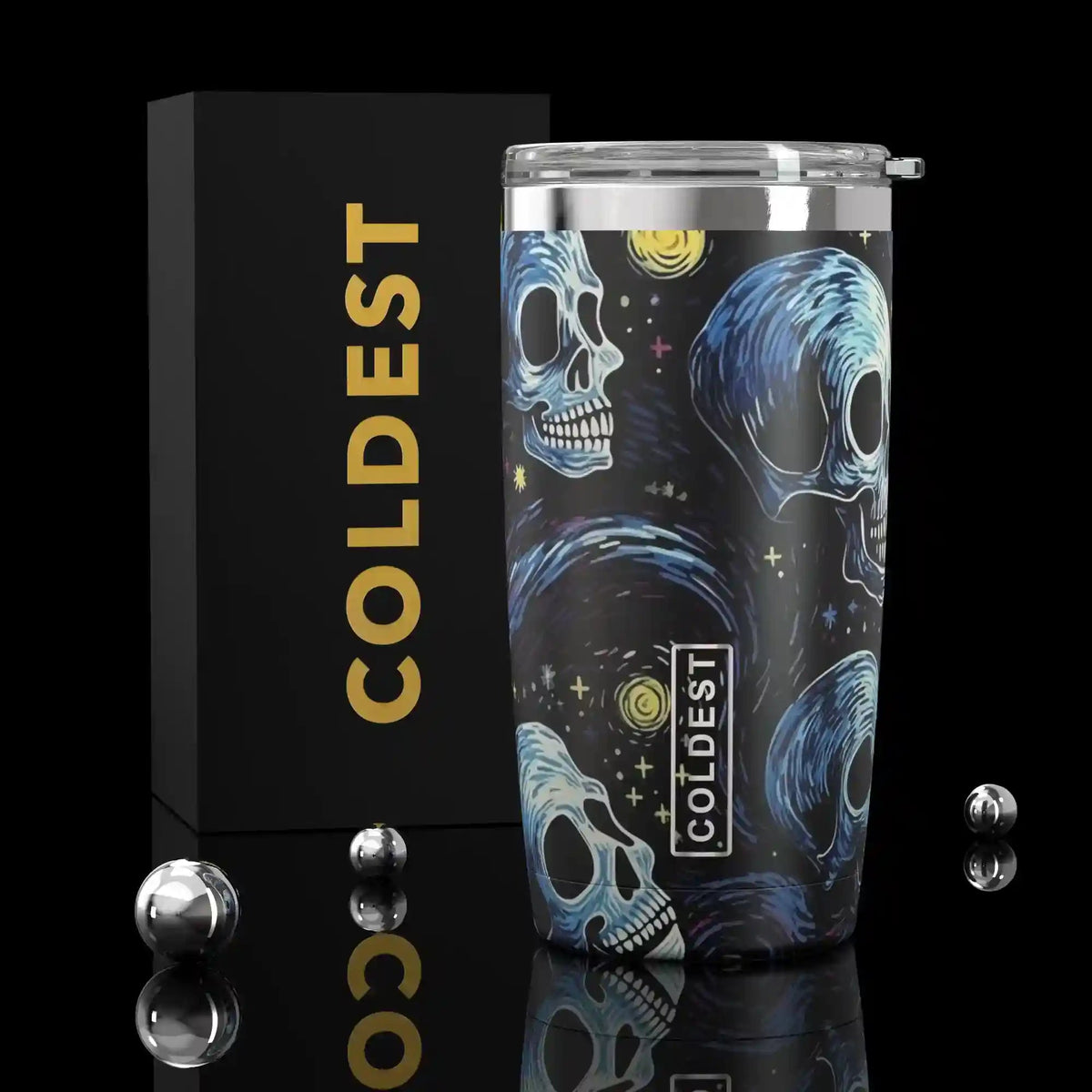 Coldest 20 oz Tumbler v2 with a starry skull design, durable hydration tumbler for keeping drinks hot or cold.