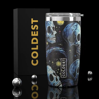 Coldest 20 oz Tumbler v2 with a starry skull design, durable hydration tumbler for keeping drinks hot or cold.
