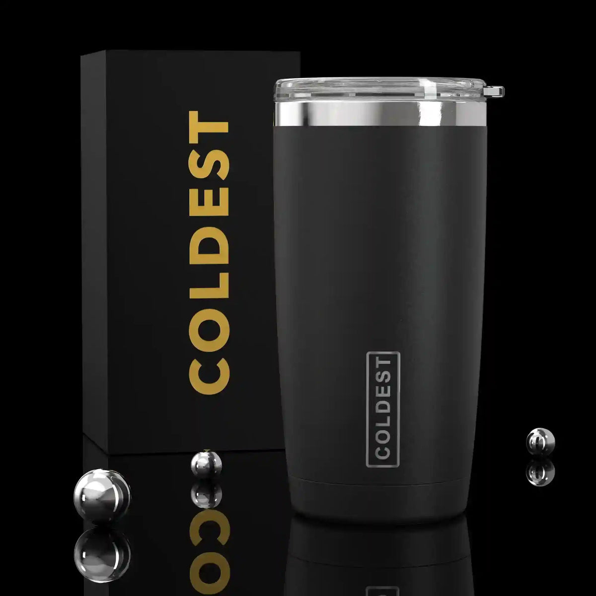 Coldest 20 oz Tumbler v2 in stealth black, durable hydration bottle with a sleek design and spill-proof lid.