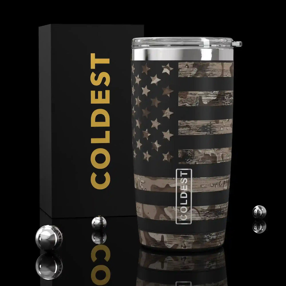 Coldest 20 oz Tumbler v2 hydration bottle with patriotic American flag design and stainless steel body.