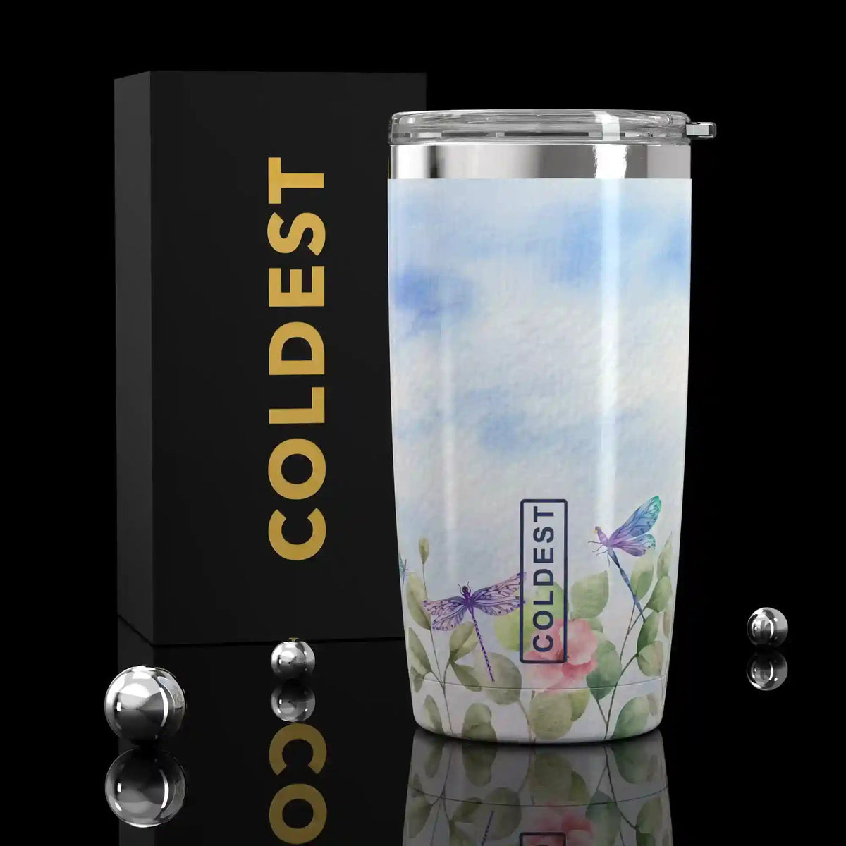 Coldest 20 oz Tumbler v2 for hydration, featuring a dragonfly design, made of durable stainless steel with a secure lid.